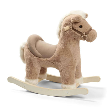 Plush Rocking Horse in Light Brown with Soft Seat and Wooden Base